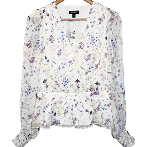 Express NWT Womens Floral Chiffon Peplum Wrap Long Sleeve Purple Cream Size M - Picture 2 of 8